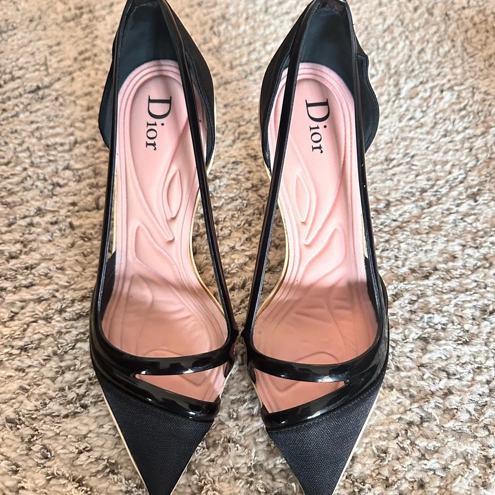 Dior Black Fabric And Patent Leather Pointed Toe Curved Heel Pumps Size 35.5 - Picture 14 of 15